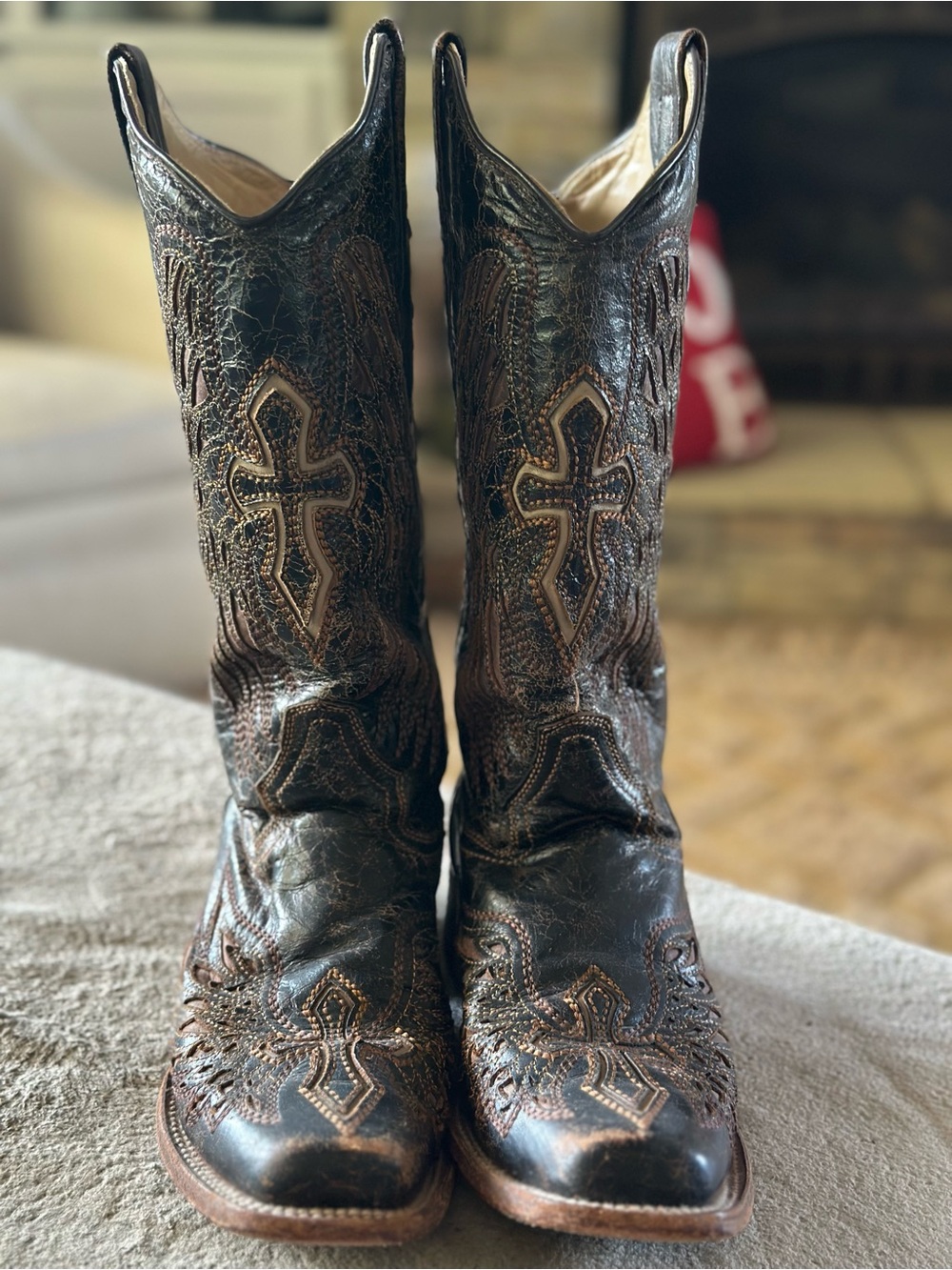 Corral tall (14”) Brown Leather Boots with Cross Motif